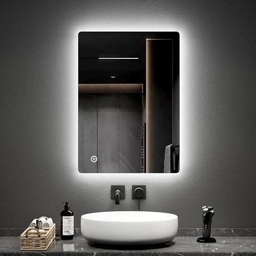 Image of EMKE LED Backlit Bathroom Mirror with Fuse, 500x700mm Wall Mounted Multifunction LED Bathroom Vanity Mirror with Shaver Socket | LED Lights | Demister Pad, Energy-Saving LED Smart Mirrors