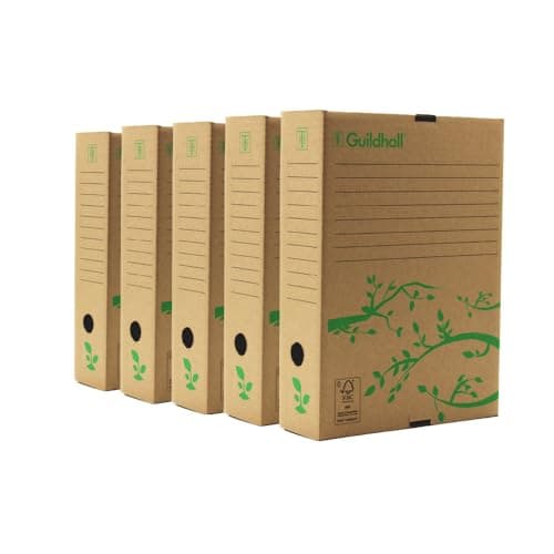 Image of Exacompta Guildhall A4 Archiving Box Storage File Organiser, Pack of 5, Cardboard, Robust Home Office Stationery Eco Box For Documents and Files - 225/0001Z