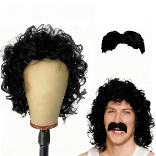 Image of 2 Pcs Curly Wig Set - Men's Wig & Beard Combo, Realistic Black Mens Afro Wig, Retro 60s/70s/80s Disco Pop Hippy Rock Costume, Funky Afro Wig, Synthetic Material