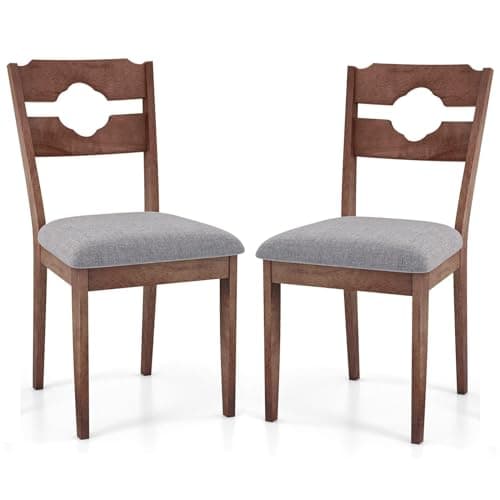 Image of GiantexUK Dining Chairs Set of 2, Padded Rubber Wood Kitchen Counter Chairs with Ergonomic Backrest & Linen Fabric Seat, Accent Side Armless Chairs for Living Room Restaurant (Hollowed Pattern, Brown)