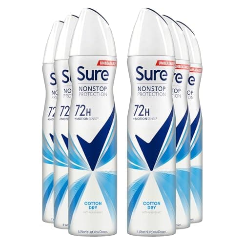 Image of Sure Antiperspirant 72H Nonstop Sweat and Odour Protection Alcohol-Free Body Spray Anti-White Markswith Fresh and Clean Multi Fragrance Deodorant for Women, 250ml (Cotton Dry, Buy 6)