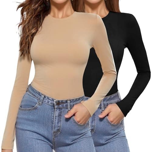Image of Aottori 2 Pack Womens Long Sleeve Tops Crew Neck Base Layer Undershirts Slim Fit Soft Stretchy Thermal T Shirts Black+Khaki S