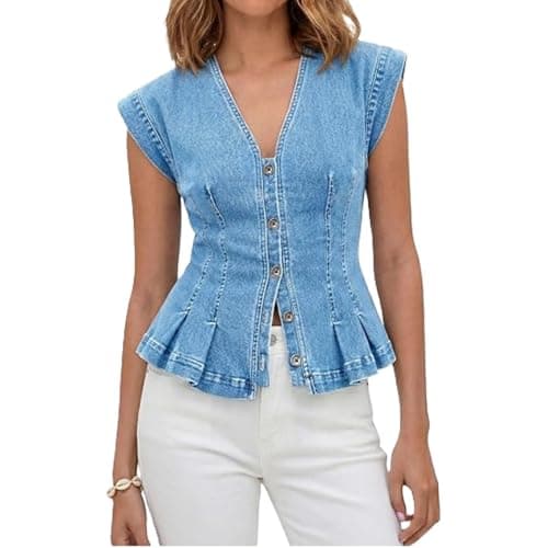 Image of Womens V Neck Denim Vests Tops Sleeveless Button Down Slim Fit Pleated Ruffle Hem Y2k Jean Peplum Cap Sleeve Shirt (Light Blue,L)