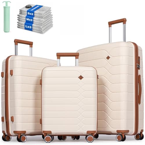 Image of H.yeed 3 Piece Suitcase Set PP Hard Shell Luggage Set Lightweight Carry on Travel Hand Luggage with Spinner Wheels & TSA Lock 20" 24" 28" (Beige, 3 pcs Set)
