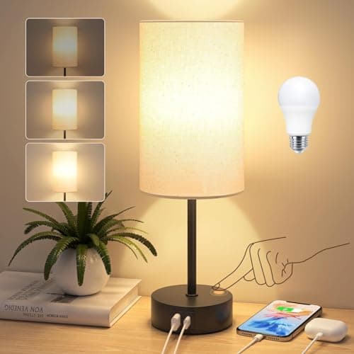 Image of STANBOW Bedside Lamps, Touch Lamps Bedside with USB A+C Charging Ports, 3-Way Dimmable LED, Table Lamps for Living Room Bedroom Gift with Beige Shade-Black Base (LED Bulb Included)