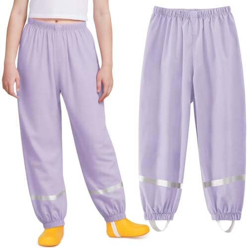 Image of Domueay Kids Waterproof Trousers Girls Breathable Lightweight Rain Pants with Reflective Strip Mud Dirty Proof Trousers Outdoor Windproof Overtrousers Unisex Rainwear for Age 5-6 Years, Purple