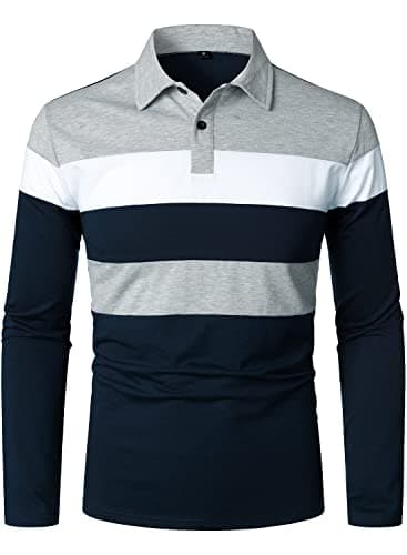 Image of HOOD CREW Men's Color-Block Long Sleeve Casual Polo Shirt Striped Golf Tops Navy