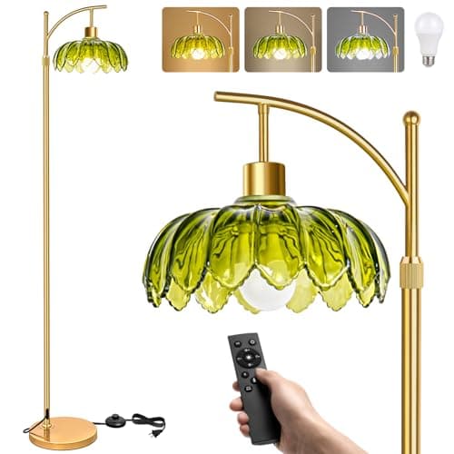 Image of Gold Arc Floor Lamp for Bedroom Living Room Office: Green Flower Tall Reading Floor Standing Lamp, Dimmable Adjustable Modern LED Floor Light, Vintage Retro Boho Lighting for Nursery Housewarming