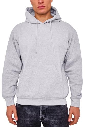 Image of LABEL APPAREL Mens Pullover Hoodie 300GSM Sweatshirt Plain Hoody Work Hooded Jumper Ribbed Cuff Long Sleeve Pull Over Heavy Blended Top Premium Adult Unisex, Grey, L