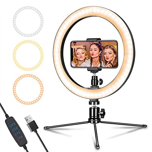 Image of LED Dimmable Desk Makeup Ring Light 10" with Tripod Stand & Phone Holder for Live Streaming & YouTube Video,Photography, Shooting with 3 Light Modes & 10 Brightness Level