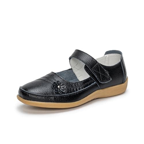 Image of Rusffes Womens Leather Mary Jane Shoes Ladies Wide Fit Flat Shoes Casual Work Office Nurse Shoes Black 3.5uk