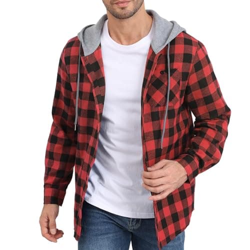 Image of CTU Mens Sweatshirt Hoodies Lightweight Checked Jacket Button Down Long Sleeve Shirt With Pocket Red XL