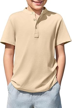 Image of Haloumoning Boys' T-Shirt Short Sleeve Round Neck Henley Shirt Kids Summer Plain Lightweight Button Placket Top Casual Basic Tees 5-14 Years, Beige, 11-12 Years