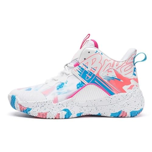 Image of Basketball Shoes Men high top Trainers Men Sneakers for Women Comfortable Breathable Fashion Running Fashion Training Shoes Non-Slip Walking Upper (White/Pink,8)