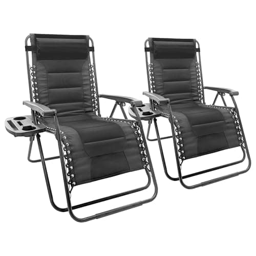 Image of Harbour Housewares Padded Zero Gravity Chair Set with Cup and Phone Holder - 110KG Load Capacity - Black - 2 Piece Heavy-Duty Reclining Folding Outdoor Garden Camping Patio Beach Loungers Set