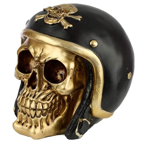 Image of Puckator Gold Skull in Biker Helmet Ornament - Home Decoration - Gold Skull With Biker Helmet - Ornaments - Resin - Home Accessories - Living Room Accessories - Human Skeleton - Goth Gifts For Men