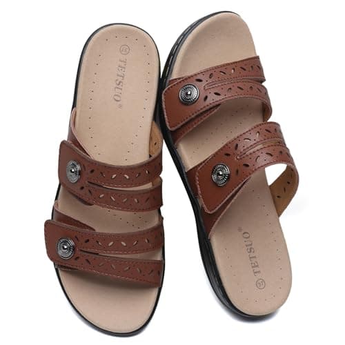 Image of TETSUO Brown Sandals Womens Flat Dressy Summer Open Toe Walking Sandal Arch Support Comfortable Slide Sandals Adjustable Strap Slip On Ladies Sandals