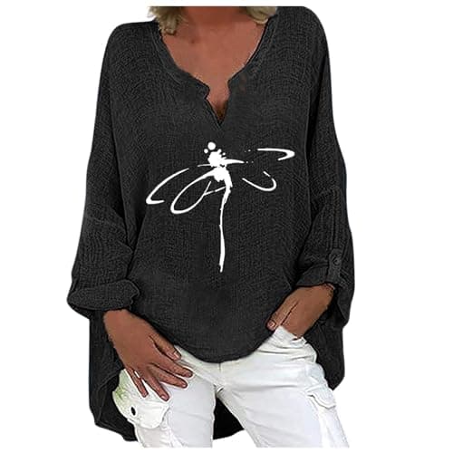 Image of 3/4 Sleeve Crinkle Gauze Shirts for Women Graphic 2025 Oversized Spring Blouses V Neck Long Sleeve Summer Loose Fit Peplum Embroidered Club Linen Bell Sleeve Cotton Tops Casual Tunic Black