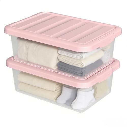Image of Afromy 2 Pack 14 L Clear Latch Box with Pink Lid, Stackable Plastic Bins for Home Organization