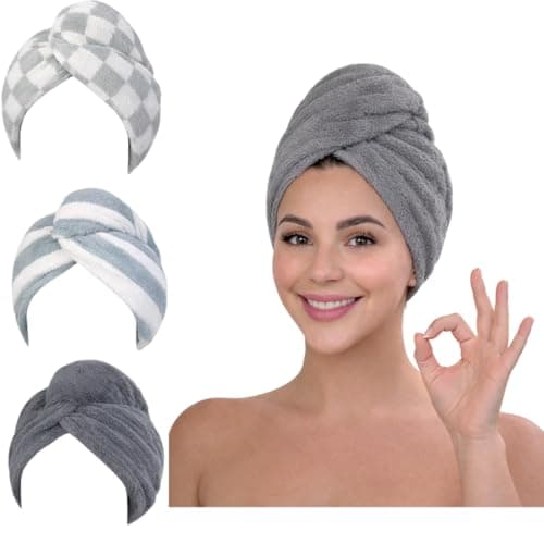 Image of KELVO Microfiber Hair Towel Wrap for Women – Ultra Absorbent Rapid Dry Hair Turban, Anti-Frizz Quick Dry for Wet Curly & Long Hair, Soft Lightweight Head Towel. (3 Gray (Solid, Stripes,Chess))