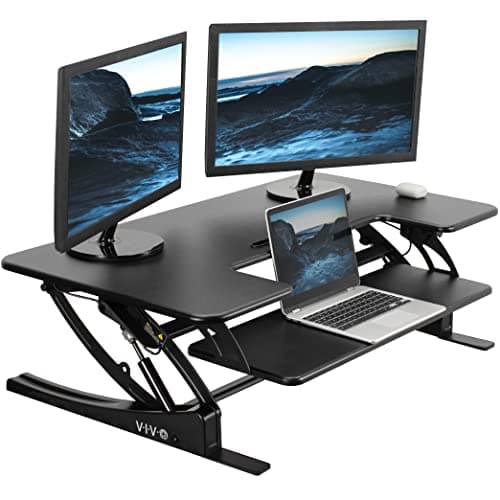 Image of VIVO Height Adjustable 42 inch Stand Up Desk Converter, Quick Sit to Stand Tabletop Dual Monitor Riser Workstation, Black, DESK-V000VL…