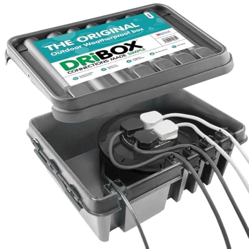 Image of DRiBOX – Large IP55 Weatherproof Outdoor Electrical Connection Box 40 x 31 x 14.5cm – Power Cord Enclosure for Christmas Lights, Timers, Extension Cables, Leads, Reels, Transformers (Large, Grey)