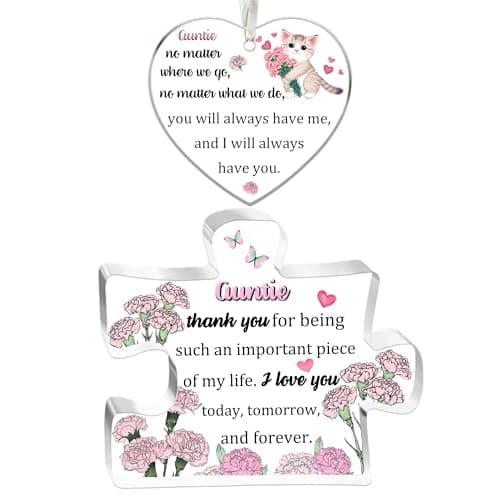 Image of Aunt Gifts Women 2PC Set Acrylic Puzzle Plaque Heart Hanging Ornament Mothers Day Birthday Auntie Appreciate Thanksgiving Aunty Thank You Keepsake Retired from Niece Nephew