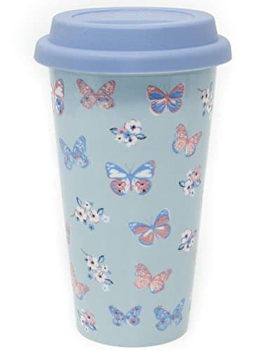 Image of Insulated Double Walled Travel Mug Ceramic Vintage Butterfly (Duck Egg Blue)