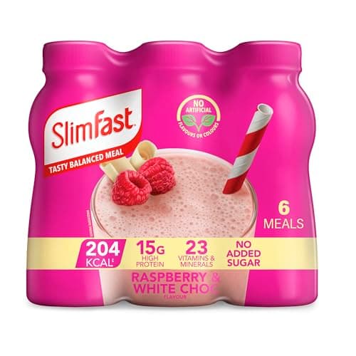 Image of SlimFast Ready To Drink Shake, Meal Replacement Shakes for Weight Loss and Balanced Diet, High Protein, Vitamins and Minerals, No Added Sugar, Raspberry and White Chocolate Flavour, 6 x 325 ml