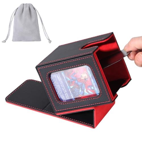 Image of AFIING MTG Deck Box for Commander Display,Card Deck Box Fits 100 Double Sleeved Cards, Magic Commander TCG Card Storage Box with 2 Dividers,Drawstring Bag and 1 Toploader(Black/Red)