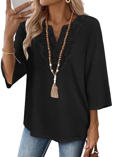 Image of WIHOLL 3/4 Sleeve Tops Blouses for Women UK V Neck Blouse Lace Top Summer Tops for Ladies Black,M