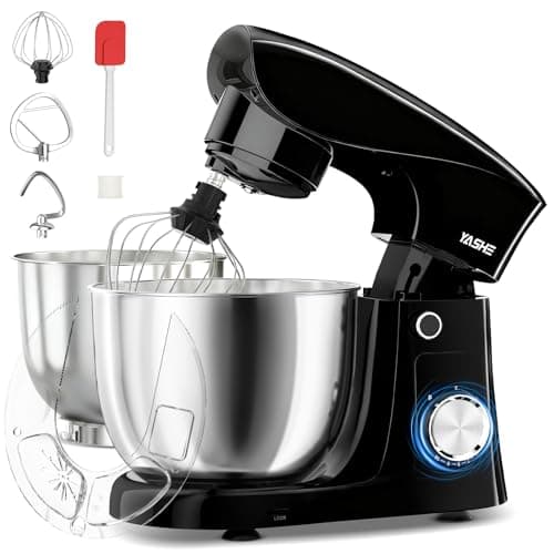 Image of YASHE Stand Mixer, 4.5+5L 1500W Food Mixer for Baking, 10+P Speed Tilt-Head Cake Stand Mixer with Dough Hook, Beater & Whisk, Dishwasher Safe, Black