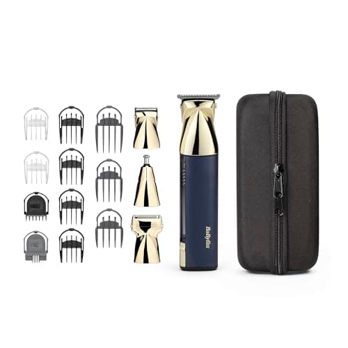 Image of BaByliss Super-X Metal Multi Trimmer - Professional 15-in-1 Grooming Kit with Japanese Steel Blades, Magnetic Heads, Digital Display, Waterproof Design, 5-Hour Cordless Runtime, Navy/Gold, MT992U