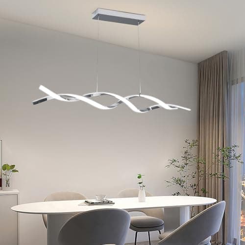 Image of Mikeru Modern Wave Pendant Light, 120cm Dining Table Lights 3000K/4500K/6500K Dimmable 10% to 100% Height Adjustable Island Lighting 1cm to 150cm Chrome LED Chandelier for Living Room