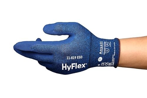 Image of Ansell HyFlex 11-819 Ultrathin Work Gloves, Abrasion Resistant Nitrile Coating, Electrostatic Discharge Protection, Antistatic, Touchscreen Compatible, Industrial Safety, Blue, Size M (1 Pair)