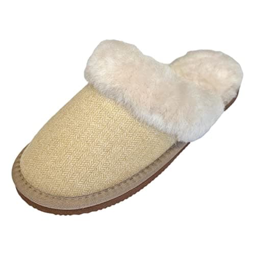 Image of Deluxe Ladies Sheepskin Mule Style Slippers with Thick Sheepskin Lining (Yellow Herringbone, numeric_7)