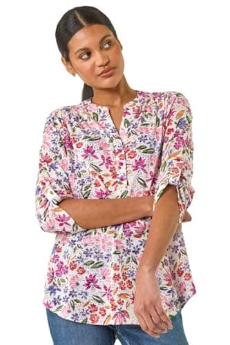 Image of Roman Shirt for Women UK Ladies Top Collarless Blouse Stretchy Tunic Smart Casual Autumn Winter Jersey 3/4 Length Sleeve Notch V Neck Flattering Office Work - Floral Pink - Size 14