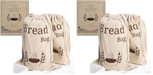 Image of 4 Pack New Living Natural Linen Bread Bag | Organic Blend | 2 x Reusable Bread Bags | Food Storage Bag | Bread Storage Bags | 38x30 cm | Eco Bread Bag