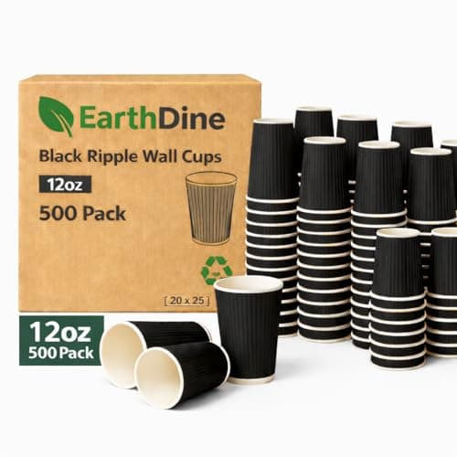 Image of EarthDine 500 Pack 12oz Black Ripple Wall Coffee Cups – Triple Layer Insulated Disposable Paper Cups for Hot Drinks, Takeaway Coffee Cups for Cafes Offices Events