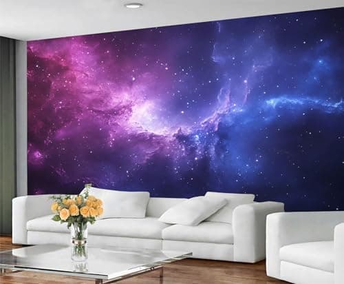 Image of GIVLWF Galaxy Large Mural & Room Decor, Fantasy Galaxy Bedroom Wallpaper, Blue and Purple Wall Paper for Living Room, Non-Self-Adhesive, Murals for Walls