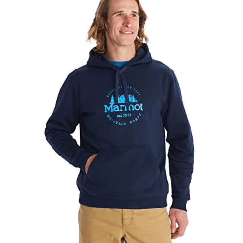 Image of MARMOT Men's Culebra Peak Hoody - Hooded Midweight Pullover Fleece Sweatshirt with Screen Printed Graphic and Kangaroo Pocket, Arctic Navy, M