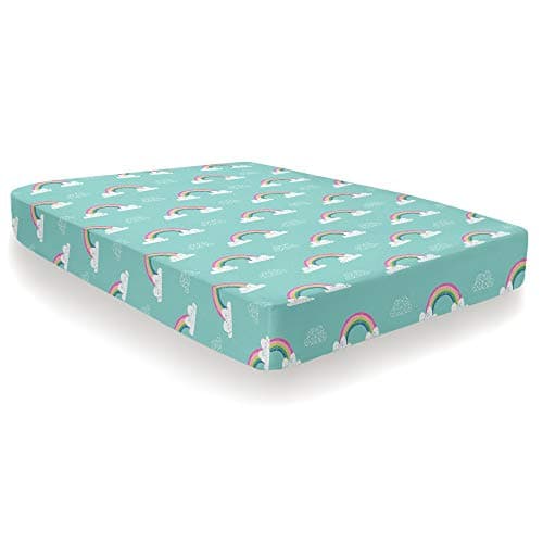 Image of Bedlam Rainbow Fitted Sheet Single 190 x 90 x 25cm – Teal Green Polycotton Bedding with Colourful Rainbow Print, Elasticated Corners, Kids Bedroom Sheet