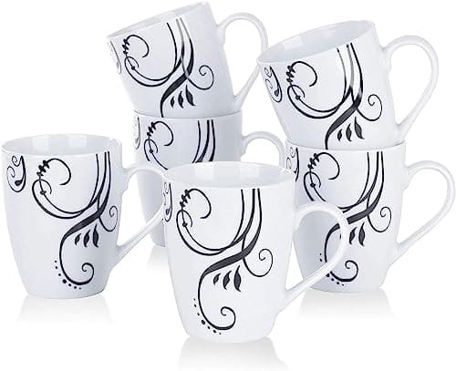Image of VEWEET 'Zoey' 6-Piece Mugs Set 330ml Porcelain Patterned Coffee Tea Mugs, Height 10.3cm