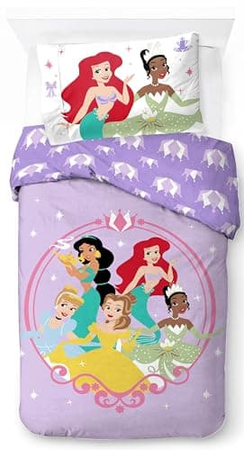 Image of Jay Franco Disney Princess Duvet Cover Set – Super Soft 100% Cotton Bedding with Pillowcase, COVER ONLY Comforter Not Included, Ariel, Belle, Cinderella, Jasmine, and Tiana, Purple, 2 Piece Single