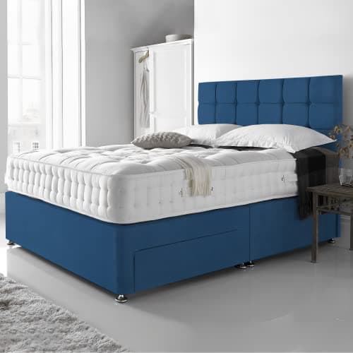 Image of DBZ BEDS Reinforced 4FT Small Double Bed Set with 2000 Series Mattress – Blue Plush Velvet Velvet Divan Bed Frame with Storage Options – 26" Headboard & Chrome Glider Feet – Made in UK