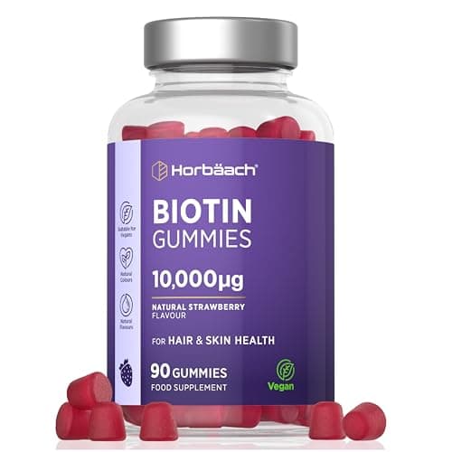 Image of Biotin Hair Growth Gummies 10,000mcg | 90 Count | High Strength Biotin (Vitamin B7) for Hair and Skin Health | Natural Strawberry Flavour | Vegan Supplement | By Horbaach