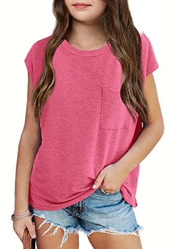 Image of Haloumoning Girls' T-Shirts Round Neck Short Sleeve Cap Sleeve Top Lightweight Plain Tee with Chest Pocket Summer Top 7-14 Years, pink red, 9-10 Years