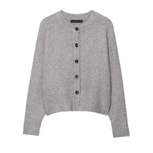 Image of Women's Button Knit Cardigan Crew Neck Drop Shoulder Long Sleeve Sweater Gray