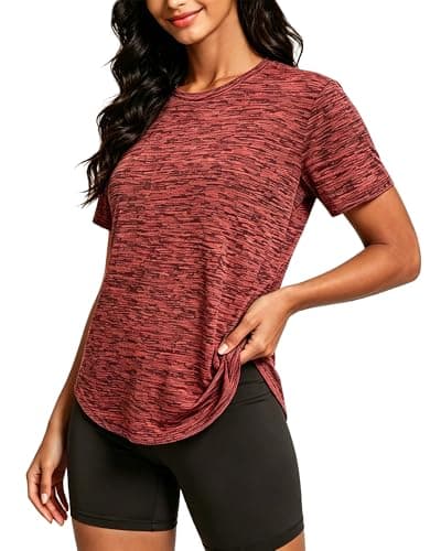 Image of Tansozer Ladies T Shirts Short Sleeve Round Neck Tops Gym Activewear Summer T-Shirt Plain Crew Neck Sports Basic Tees, Orange Red, S
