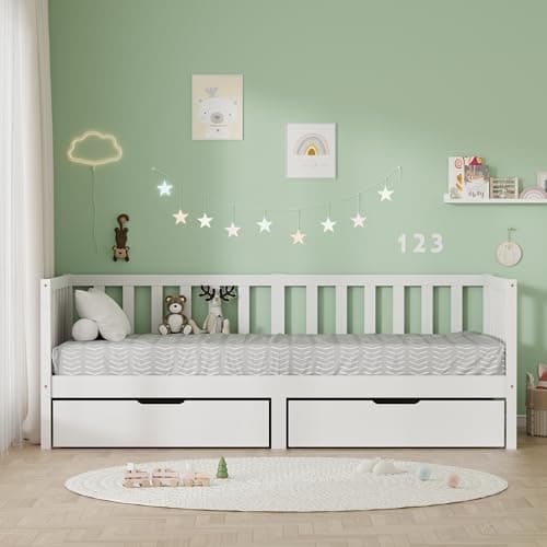 Image of Kingwudo® White Pine Wood Kids Bed Frame with 2 Drawers Storage Single Bed Frame Children Bed for Bedroom Furniture, Boys and Girls Mattress (WITHOUT) 90x190cm